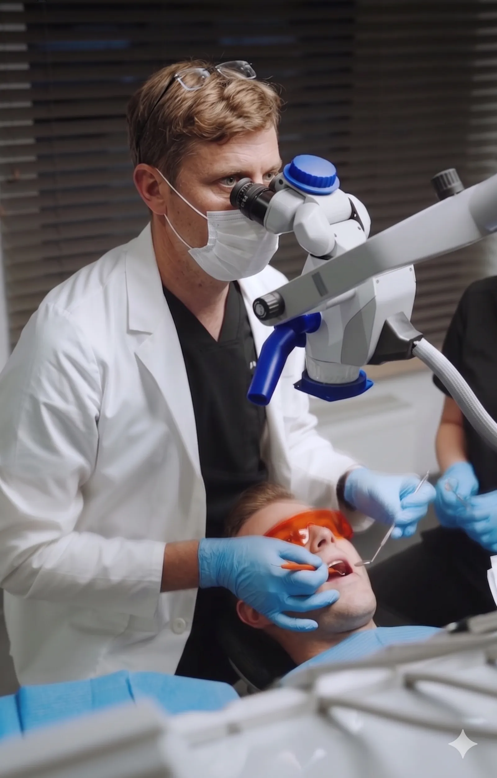 Dentist performing microscope-assisted treatment